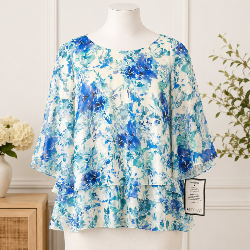 NWT Alex Evenings Plus 2X Blue Floral Chiffon Burnout Blouse 3/4 Sleeve
